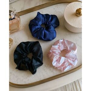 Set of 3 Oversized Silky Satin Scrunchies - Black, Pink & Blue